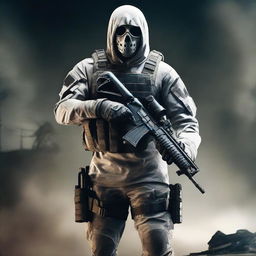 Strong and imposing portrayal of Ghost, the iconic character from Call of Duty, ready for action in his signature tactical gear.