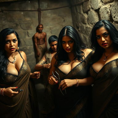 In a captivating dungeon scene, a group of voluptuous and curvy Indian women with fair skin, exuding elegance and dominance, are dressed in luxurious royal sarees