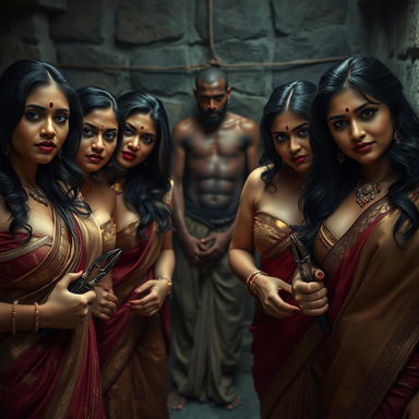 In a captivating dungeon scene, a group of voluptuous and curvy Indian women with fair skin, exuding elegance and dominance, are dressed in luxurious royal sarees