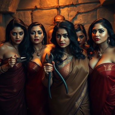 In a captivating dungeon scene, a group of voluptuous and curvy Indian women with fair skin, exuding elegance and dominance, are dressed in luxurious royal sarees