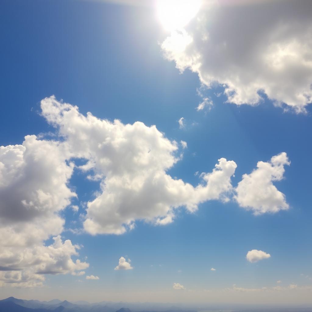 A breathtaking view of a bright blue sky with fluffy white clouds drifting lazily; the sun is shining brightly, casting a warm golden light across the scene