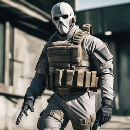 Strong and imposing portrayal of Ghost, the iconic character from Call of Duty, ready for action in his signature tactical gear.