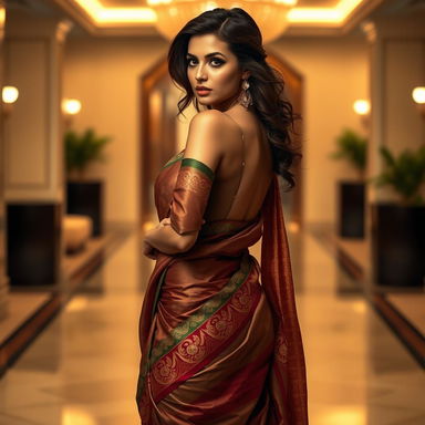 A seductive and stylish woman wearing a beautifully draped saree, emphasizing her curves and elegance