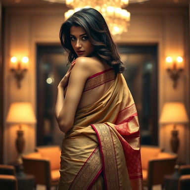 A seductive and stylish woman wearing a beautifully draped saree, emphasizing her curves and elegance