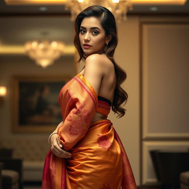 A seductive and stylish woman wearing a beautifully draped saree, emphasizing her curves and elegance