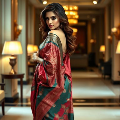 A seductive and stylish woman wearing a beautifully draped saree, emphasizing her curves and elegance