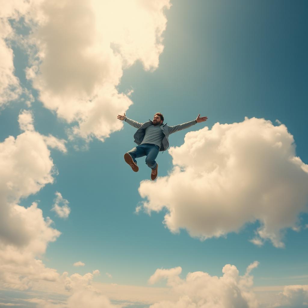 A lone man gracefully falling through fluffy white clouds in a bright blue sky