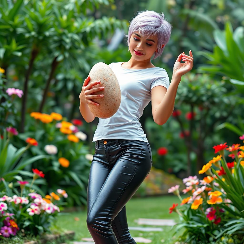 A highly realistic image of a beautiful 25-year-old woman of mixed Indonesian and Dutch descent with short violet blonde hair