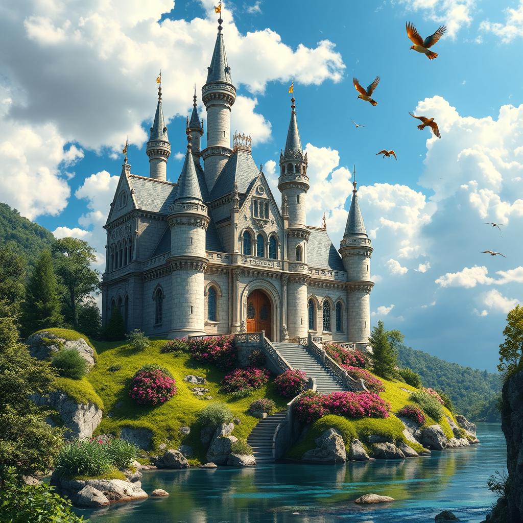 A stunning, majestic castle perched on a hilltop surrounded by lush greenery, with intricate stonework and towering spires