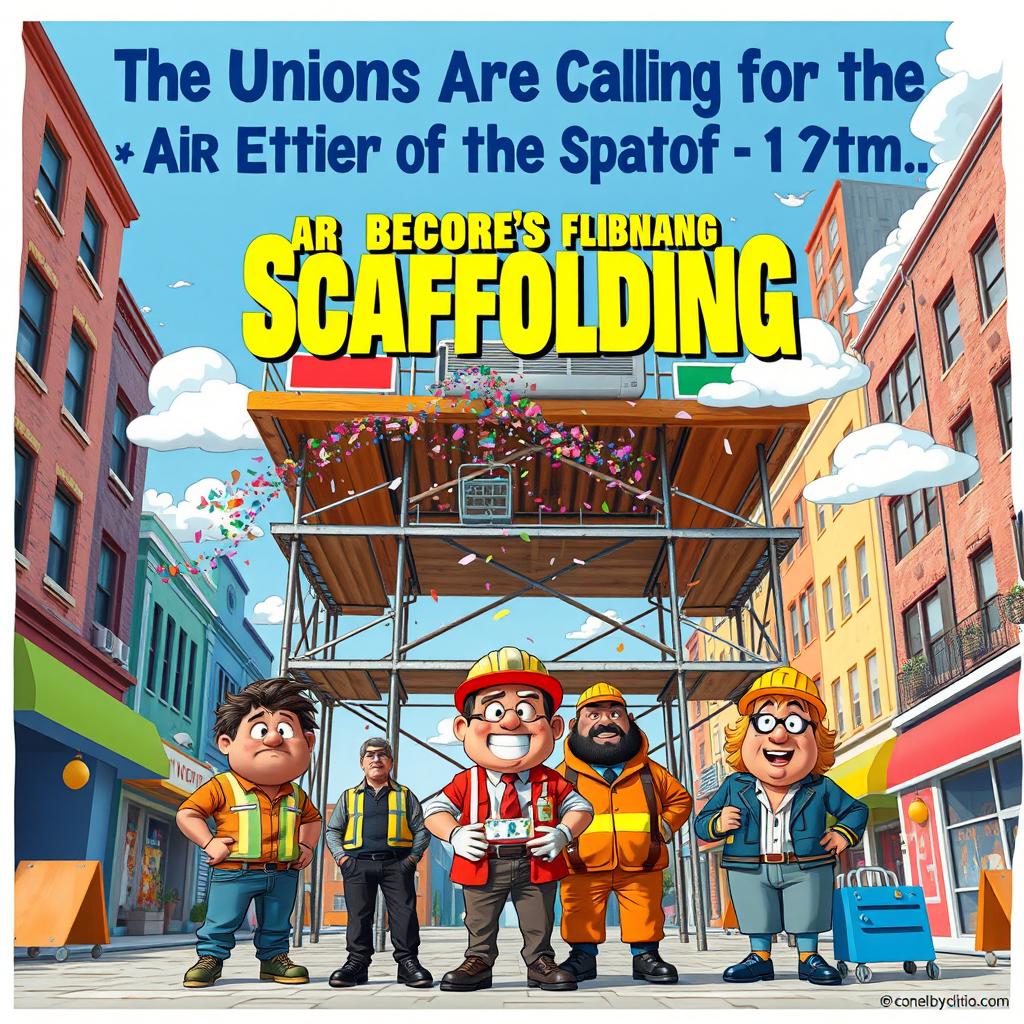 A vibrant, visually striking comedy movie poster featuring a whimsical scene where a group of quirky characters, including a comically disgruntled construction worker and a flamboyant union leader, stand underneath a large, elaborate scaffolding