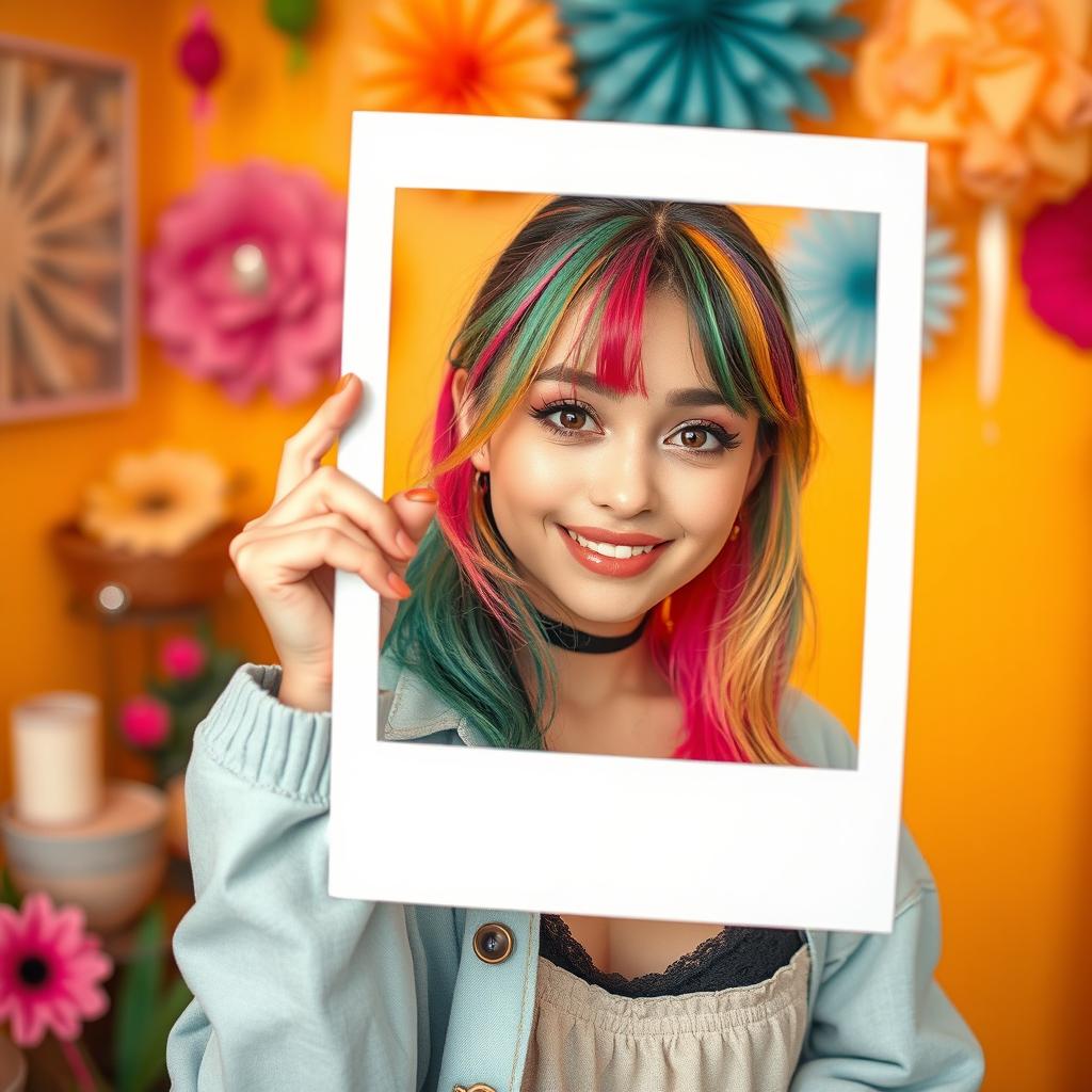 A stylish girl posing for a Polaroid photo, with a vibrant backdrop and an artistic flair