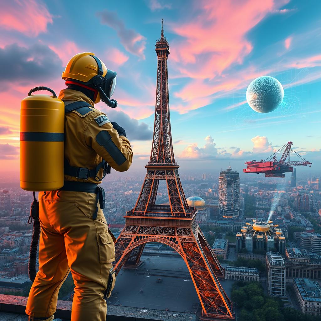 A cinematic movie poster showcasing a science fiction theme, focused on a construction worker in a futuristic diving suit, snorkel visible, set on top of the iconic Eiffel Tower in Paris