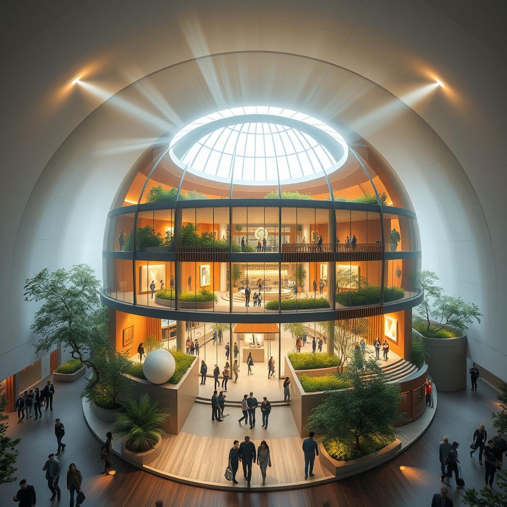 A visually stunning volumetric rendering of a 3-story cultural center designed inside a spherical volume
