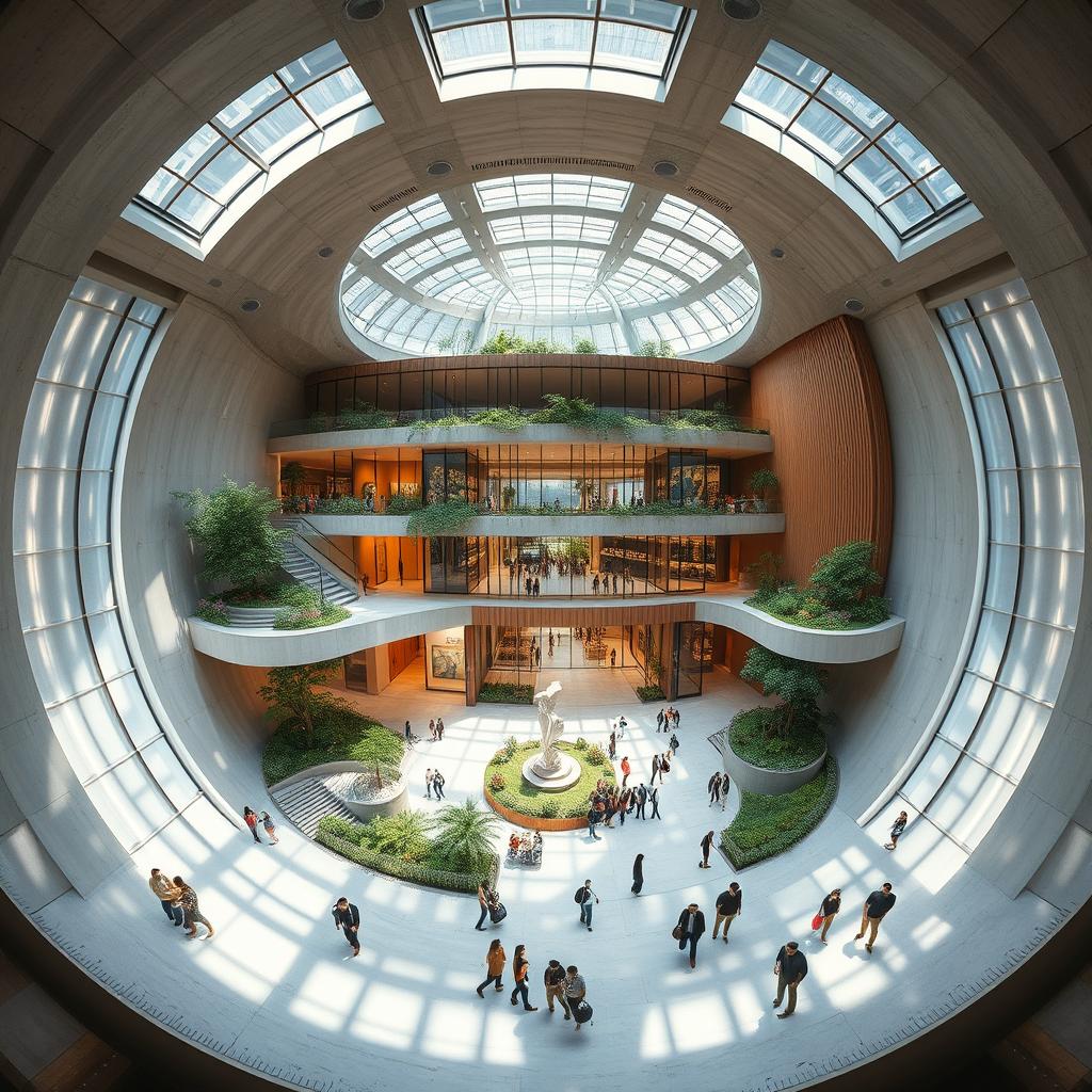 A captivating volumetric rendering of a 3-story cultural center situated within a spherical volume
