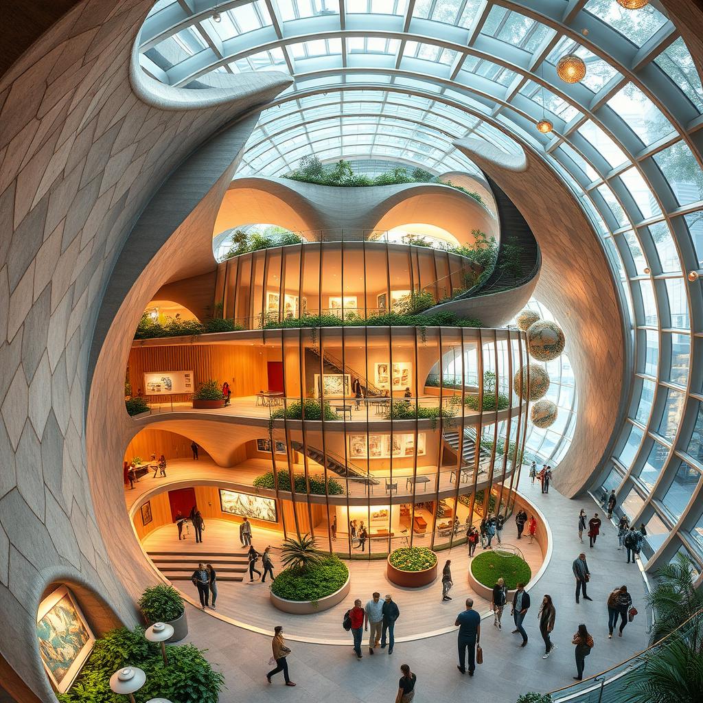 A breathtaking volumetric rendering of a unique and special 3-story cultural center elegantly situated within a spherical volume