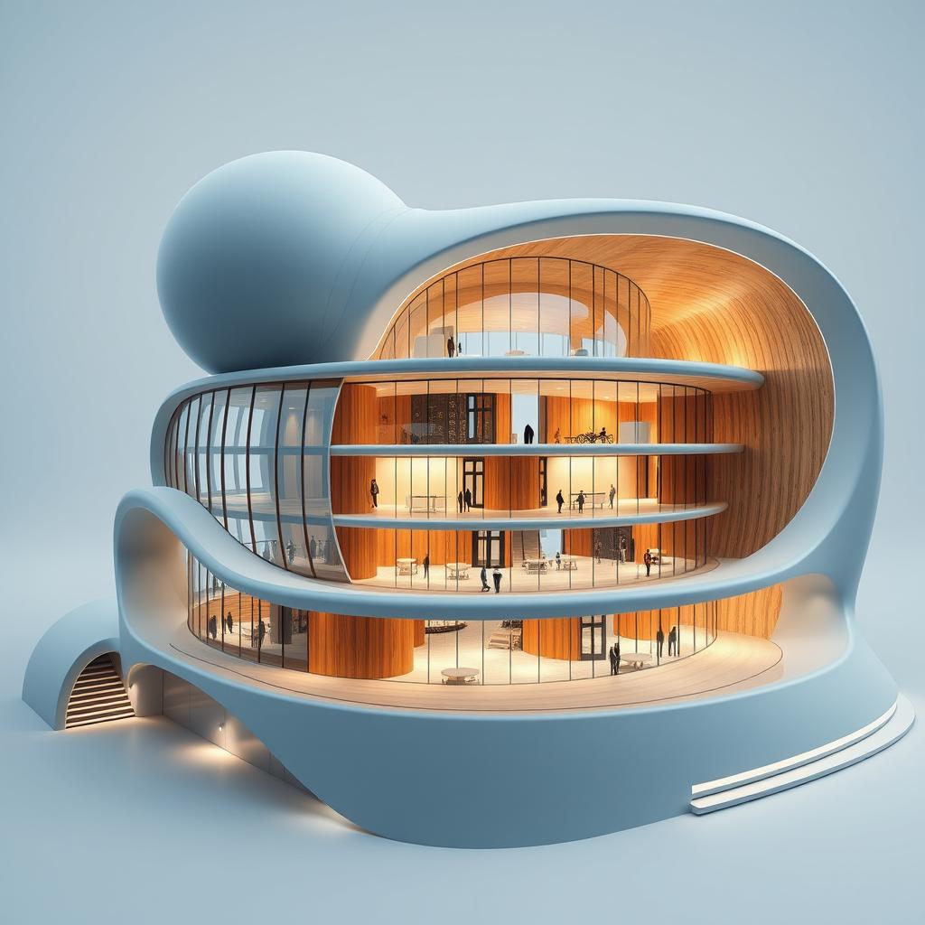 A stunning conceptual volumetric rendering of a modern three-story cultural center, showcasing an innovative design with prominent spherical and curved architectural forms that blend organic shapes with futuristic aesthetics