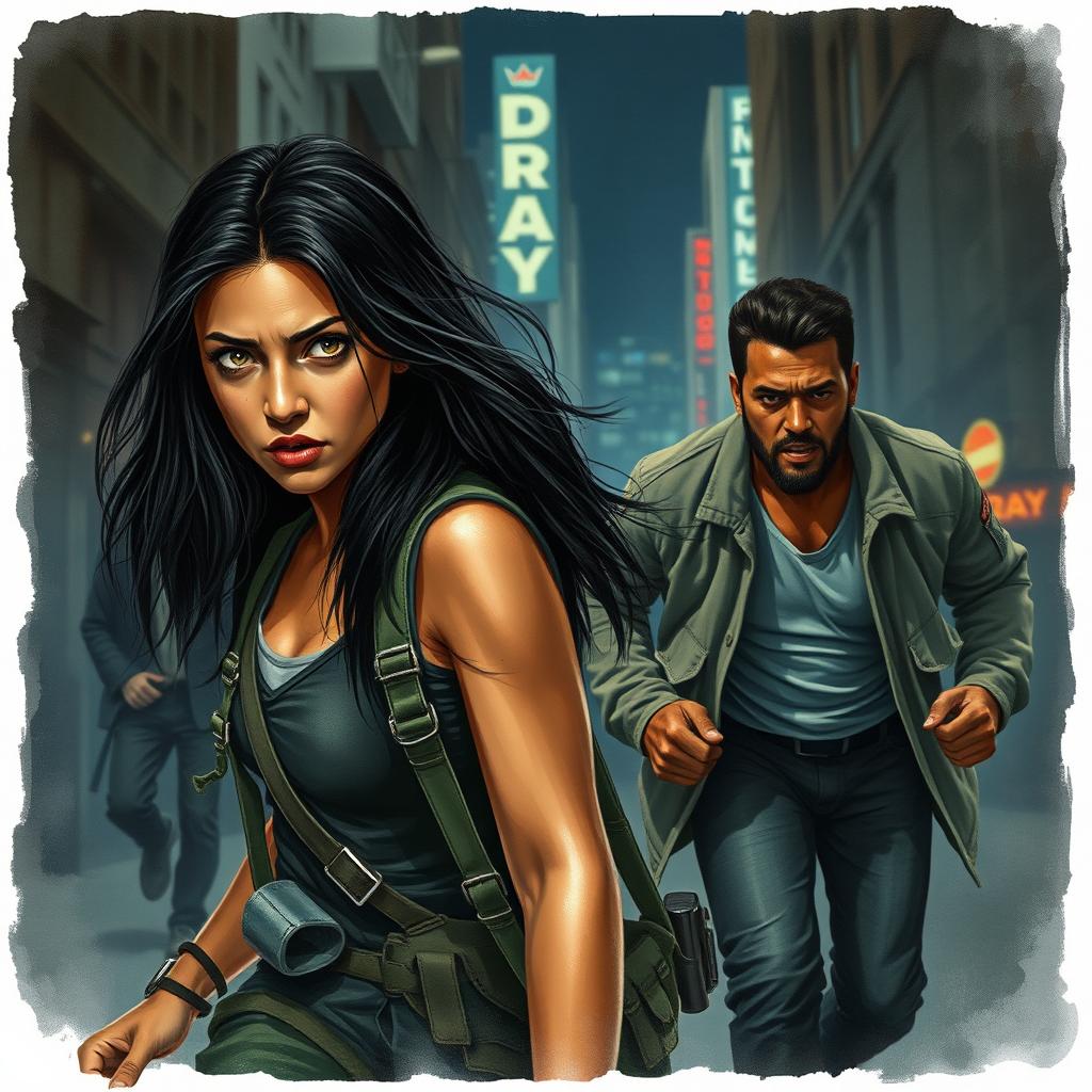 A dramatic high-stakes scene set in a dimly lit urban environment, featuring a young woman named Tahina Kaimana, who has escaped a perilous fate