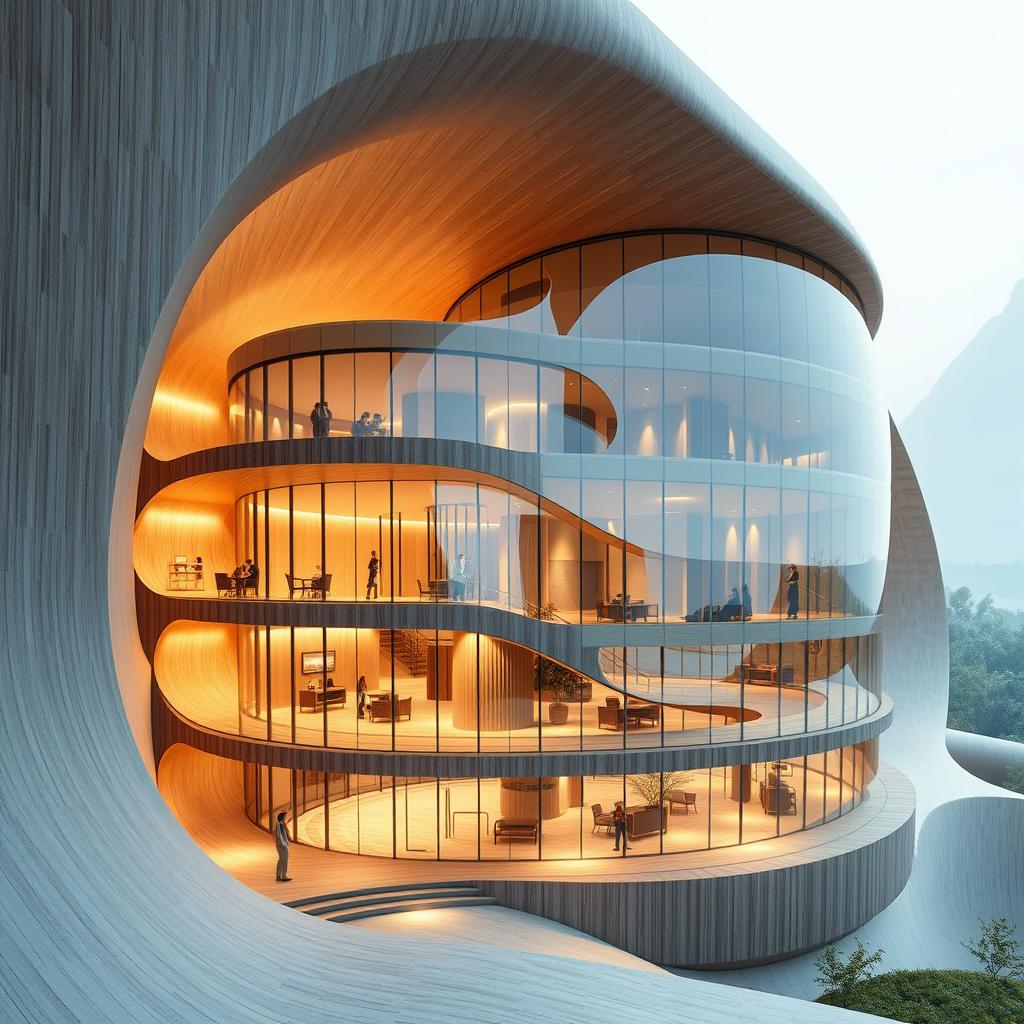 A stunning conceptual volumetric rendering of a modern three-story cultural center, showcasing a design that features prominent spherical and curved architectural forms that beautifully blend organic shapes with futuristic aesthetics