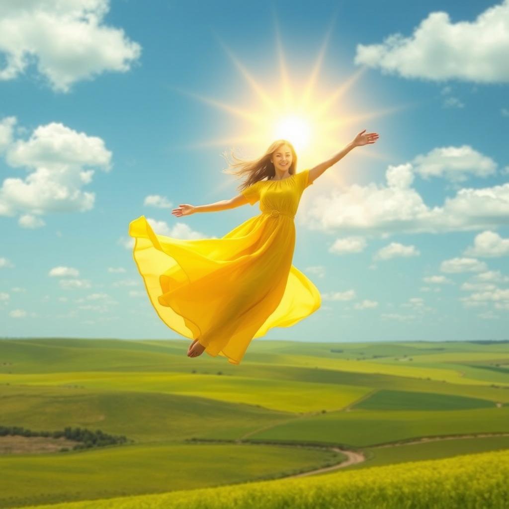 A celestial healer in a flowing yellow dress, gracefully flying mid-air, surrounded by a warm, glowing light