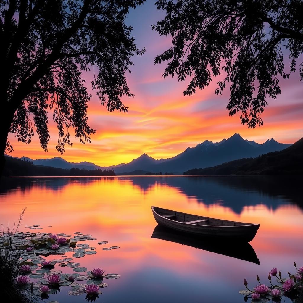 A serene landscape featuring a beautiful sunset over a tranquil lake, with hues of orange, pink, and purple reflecting on the water's surface
