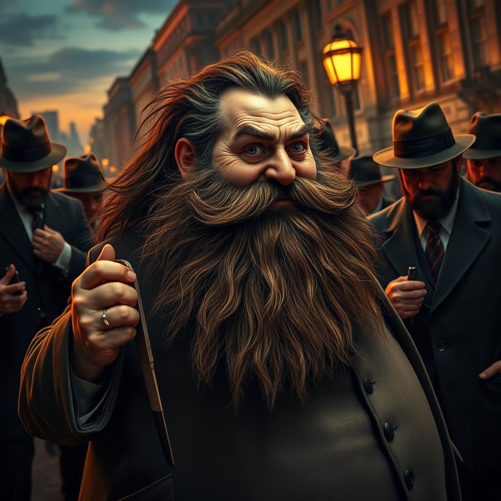 A realistic and epic scene featuring Hagrid, the beloved half-giant from Harry Potter, comically shaving his long, bushy beard while looking over his shoulder in a state of alarm