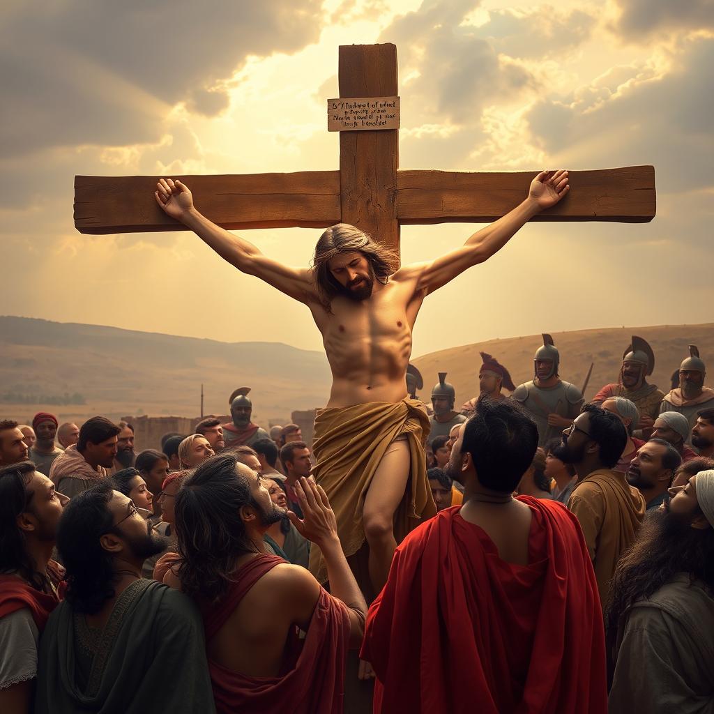 A powerful scene depicting Jesus on the cross, surrounded by a diverse crowd of people witnessing this moment