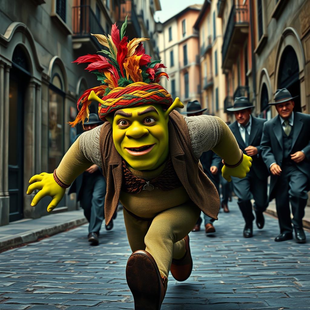 A realistic and epic scene featuring Shrek wearing a colorful reggae hat, his green skin contrasting against the vibrant colors of the hat