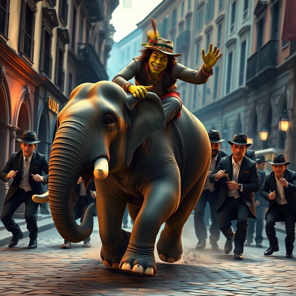 An epic and realistic scene depicting a Jamaican Shrek riding a majestic elephant, both in dynamic motion as they escape from a group of startled Italian mafia members dressed in sharp black suits and fedoras