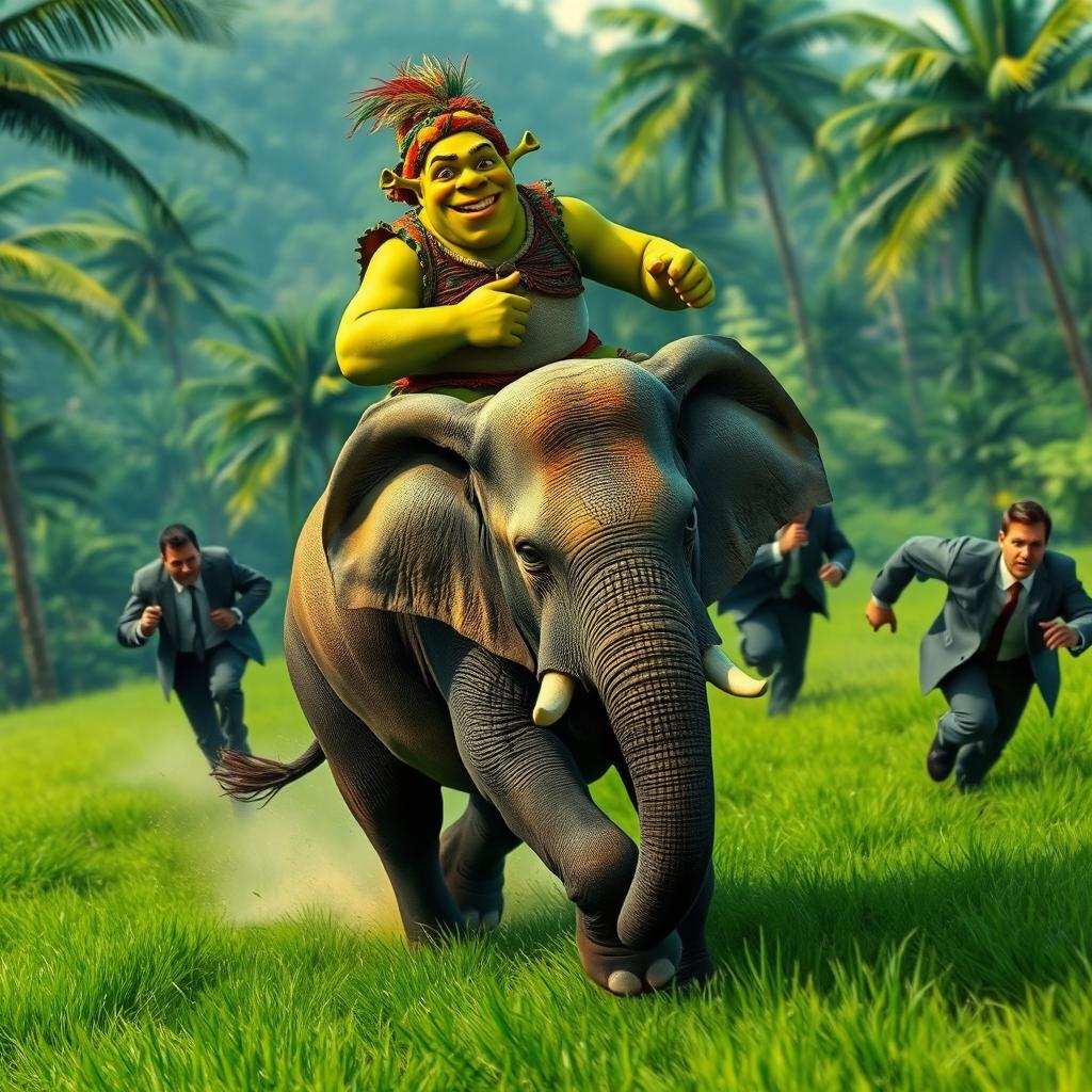 A realistic and epic scene featuring a Jamaican-inspired Shrek riding a large elephant