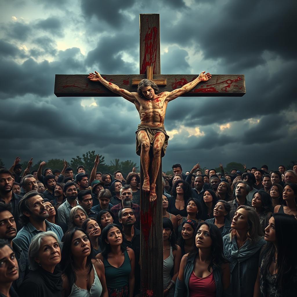 A striking cross drenched in blood, set in a dramatic outdoor scene with a large crowd of diverse people watching in awe and horror
