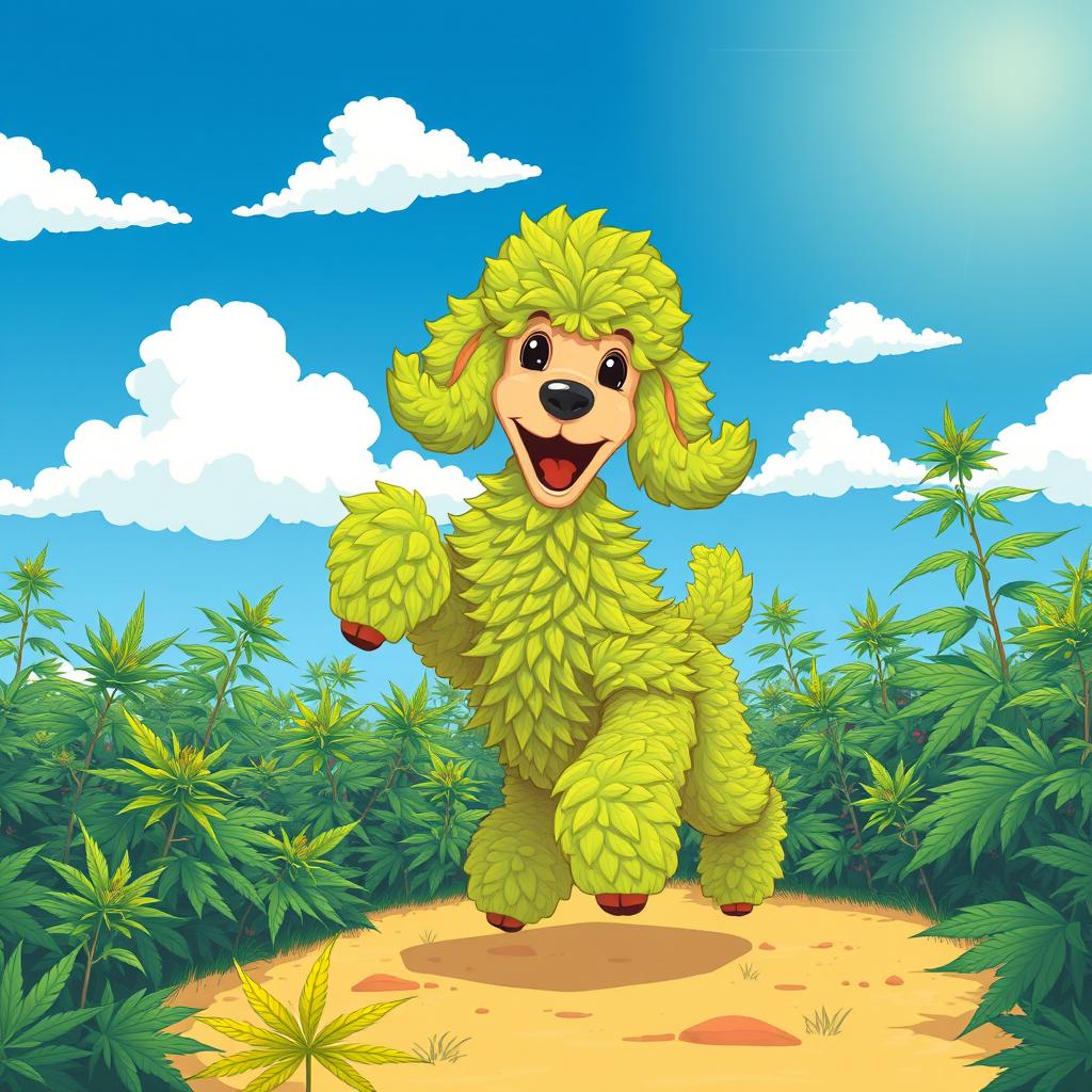 A whimsical and colorful illustration of a poodle with vibrant green fur that resembles marijuana leaves