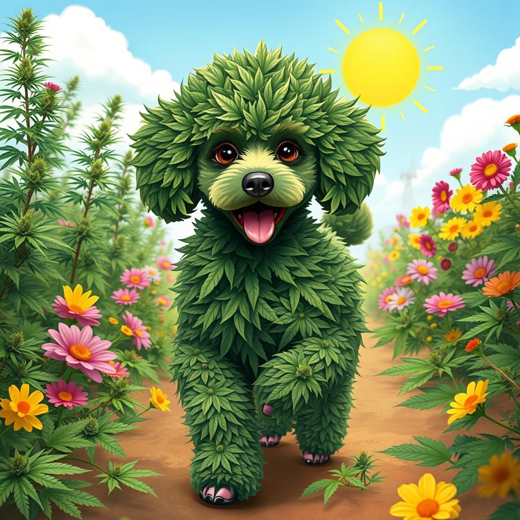 A playful and whimsical depiction of a poodle with fur that mimics the appearance of marijuana leaves in shades of green