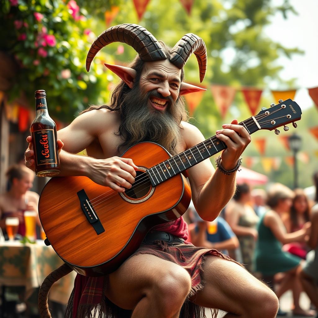 A satyr man depicted in a lively cultural setting, passionately playing an acoustic guitar while holding a bottle of ale in one hand