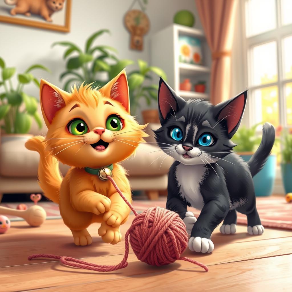 A whimsical scene featuring two cute house cats, with playful expressions and bright colors