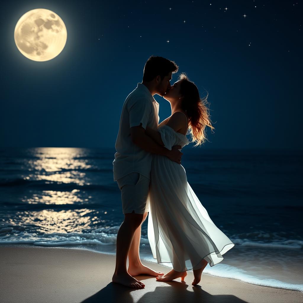 A passionate romantic scene on a moonlit beach with two lovers embracing