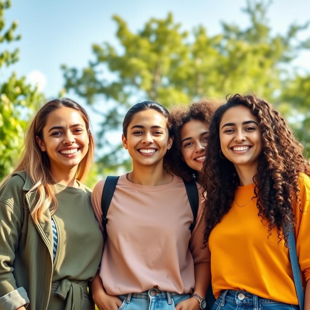 A beautiful group photo featuring a diverse group of three friends standing together in a natural outdoor setting, smiling and enjoying each other's company