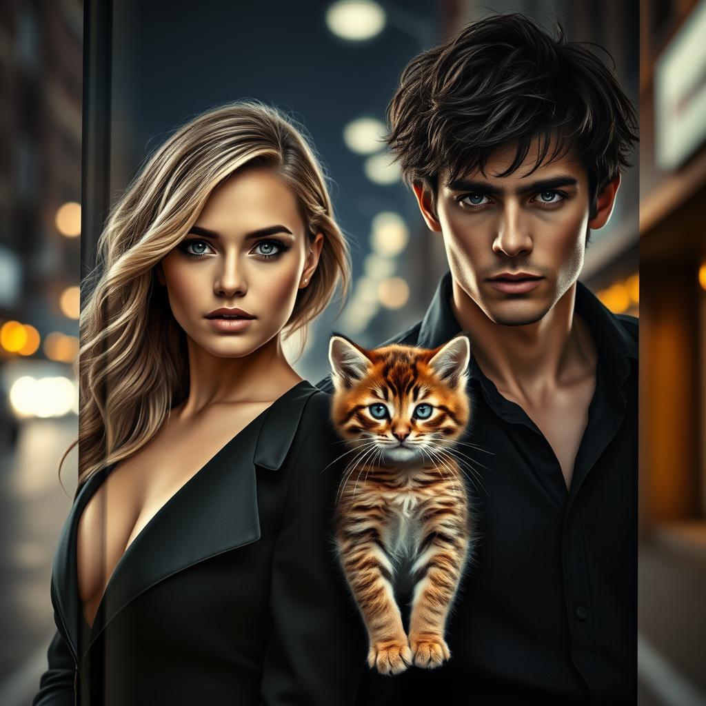 A book cover with a mysterious and slightly romantic vibe, featuring a young female film director aged 23, who has wavy blonde hair and striking blue eyes, dressed in elegant and modern attire