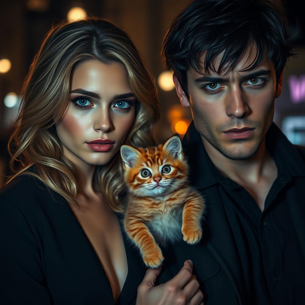An image with a mysterious and slightly romantic vibe, featuring a young female film director aged 23, who has wavy blonde hair and captivating blue eyes, dressed in elegant and modern fashion