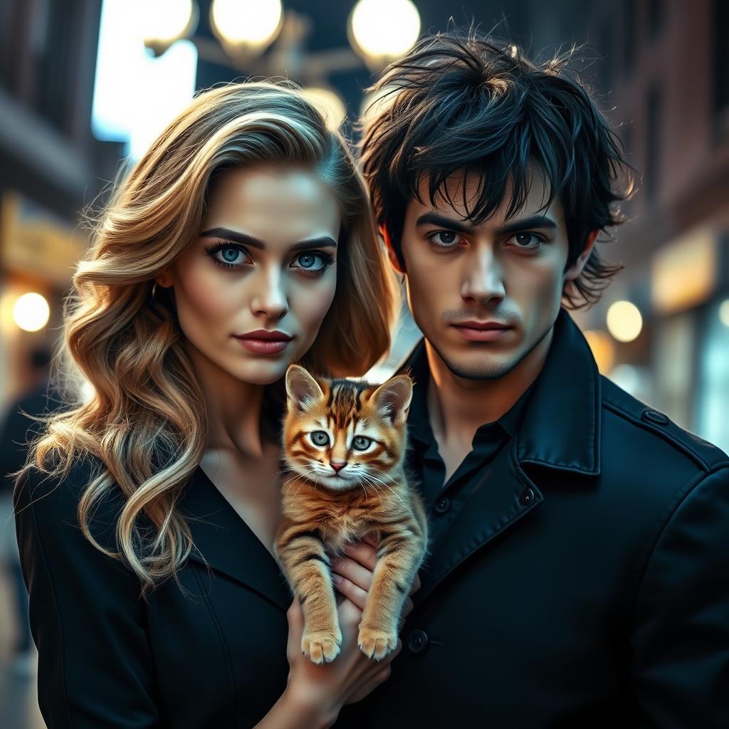 An image that evokes a mysterious and slightly romantic vibe, featuring a young female film director aged 23, with wavy blonde hair and vibrant blue eyes, elegantly dressed in a modern style