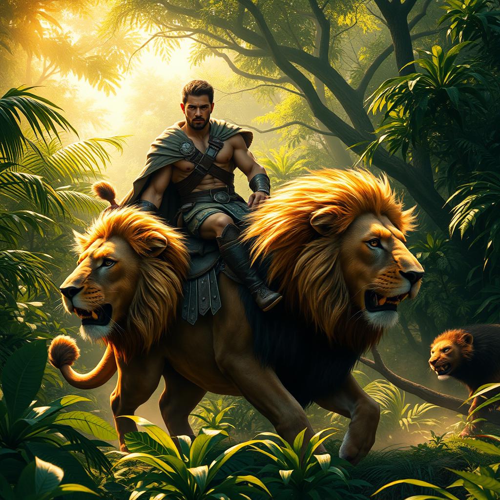 A majestic scene depicting a strong, muscular man confidently riding atop a powerful lion in a lush, green jungle