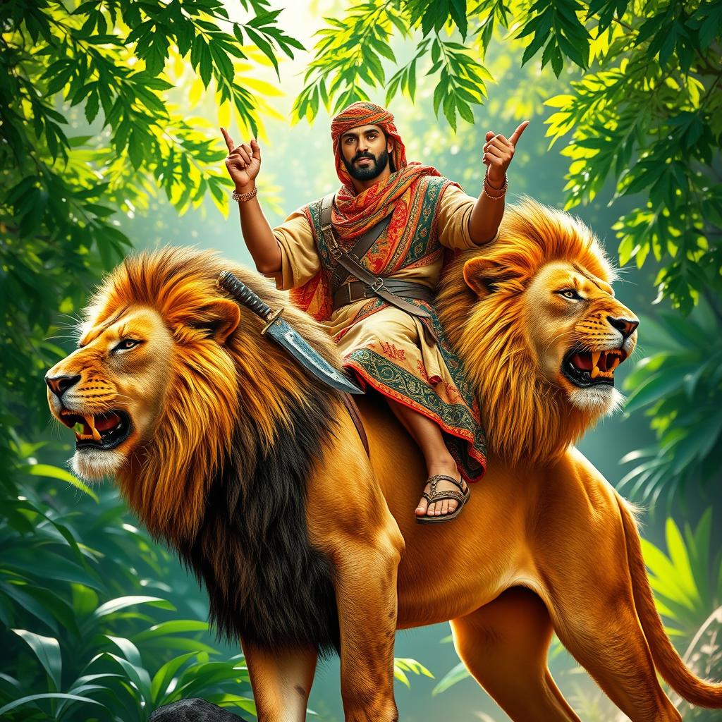 A stunning scene featuring a strong Yemeni man confidently riding atop a powerful lion in a vibrant, lush jungle
