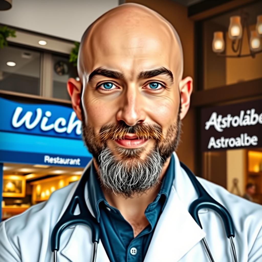 A striking portrait of a bald man who embodies the professions of a doctor and a singer