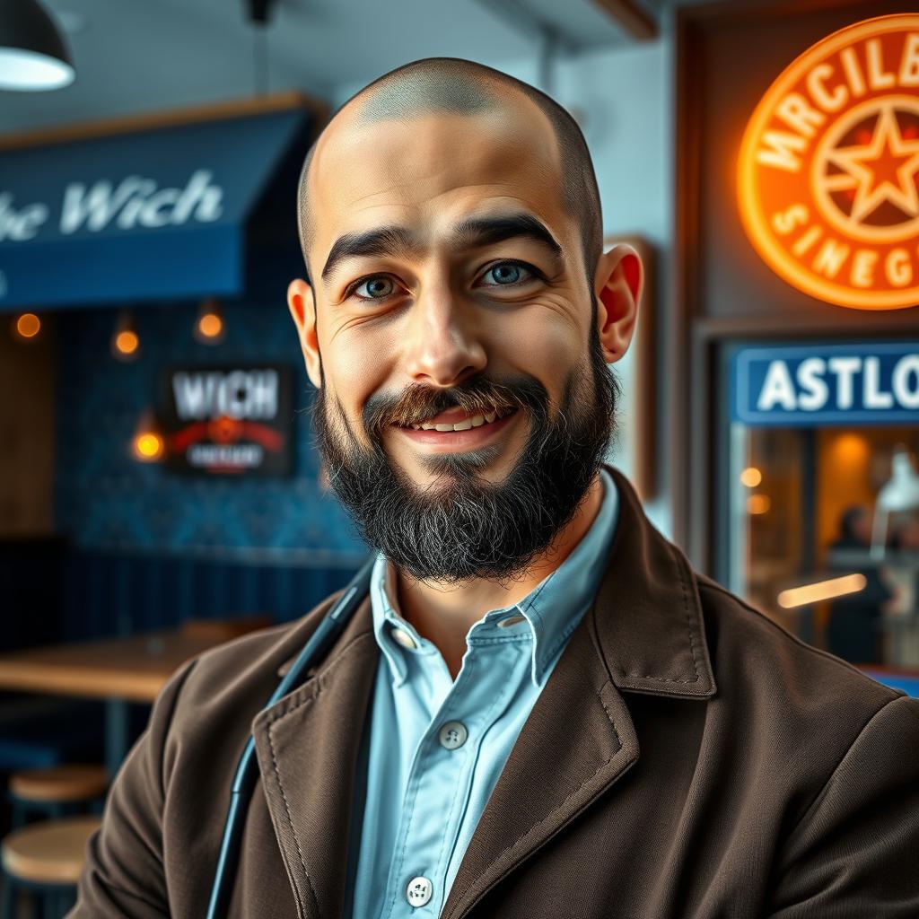 A captivating portrait of a 24-year-old bald man who is both a doctor and a singer