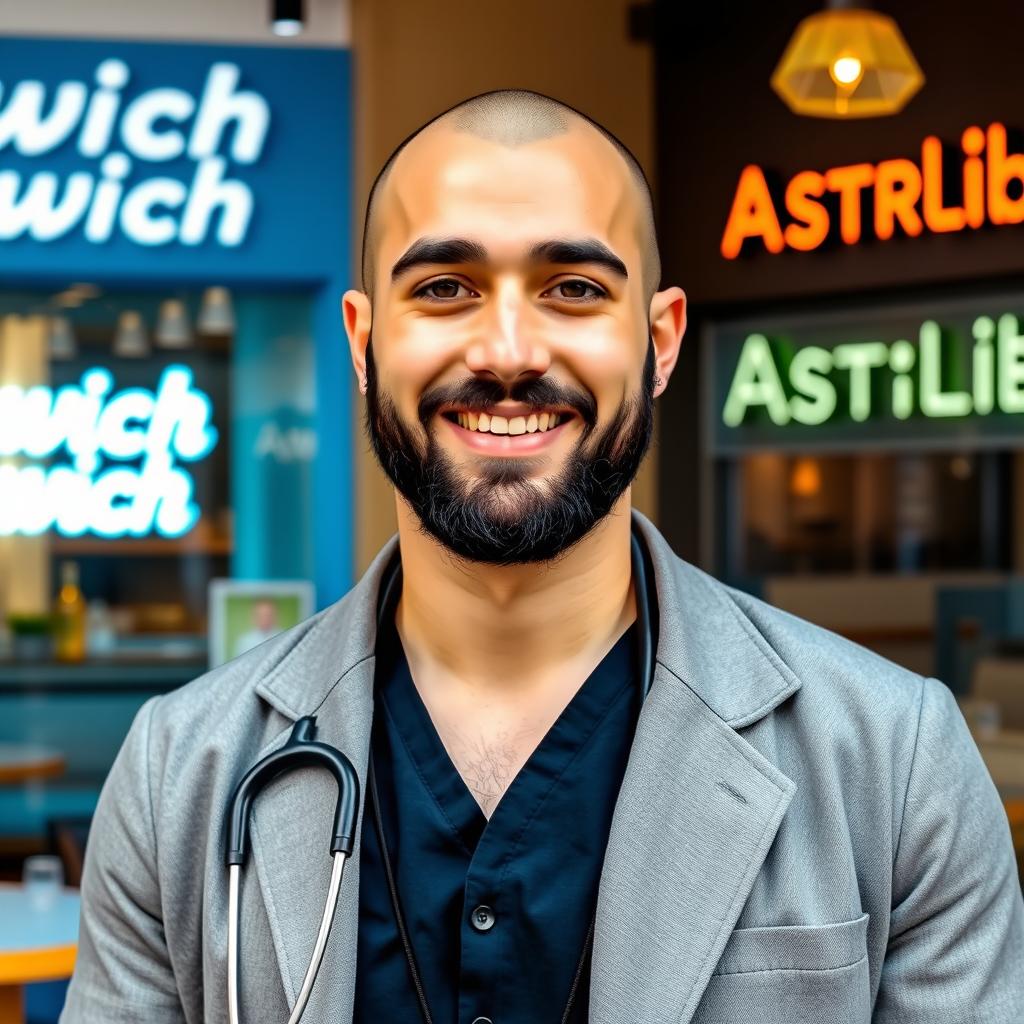 A handsome 24-year-old bald man who is both a doctor and a singer