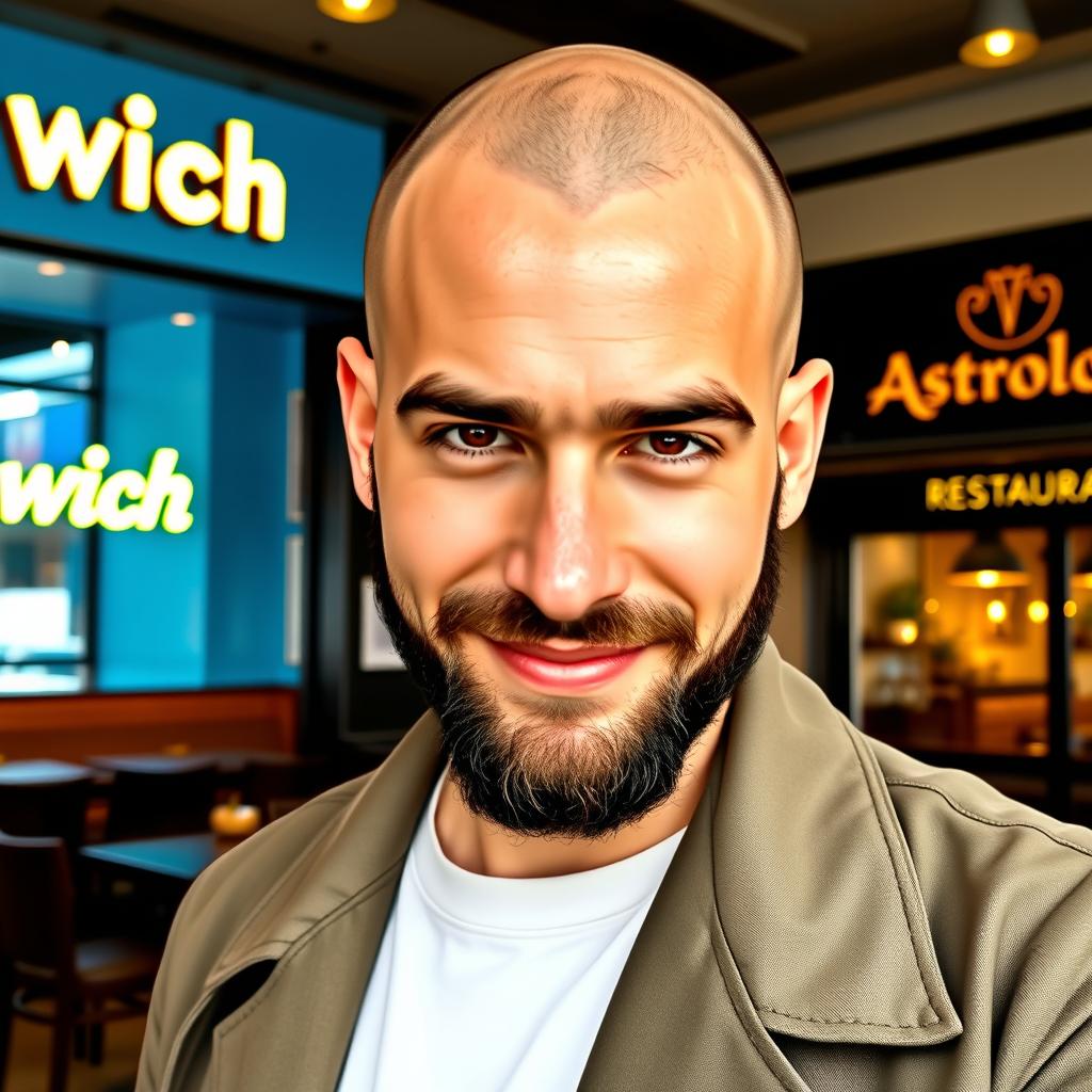 A handsome portrait of a 24-year-old bald man who excels as both a doctor and a singer