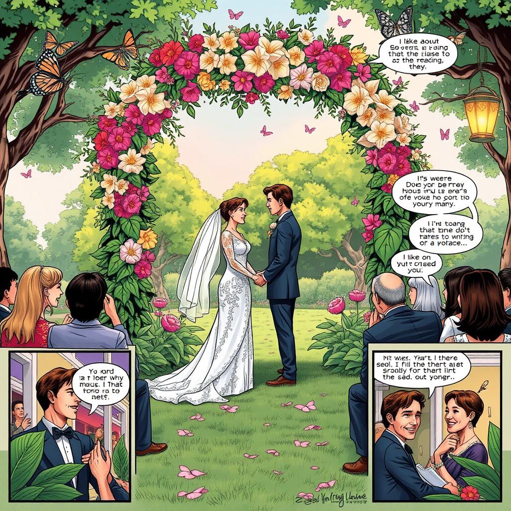 A beautiful garden wedding scene illustrated in a comic book style