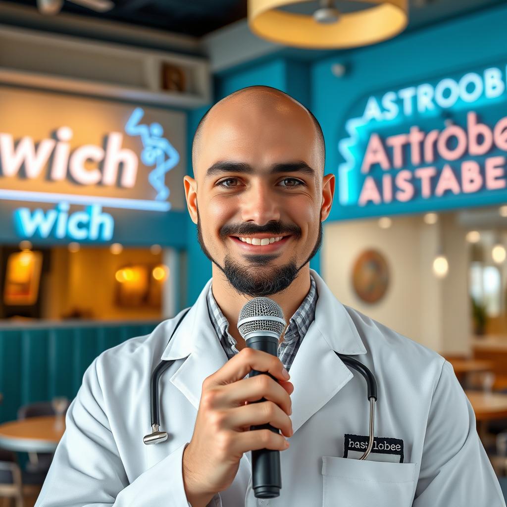 A handsome 24-year-old bald man who is both a doctor and a singer