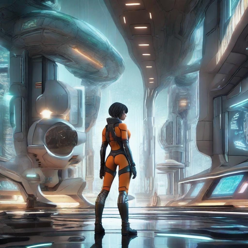 A dynamically cool science-fiction scene featuring Robin Goo, complete with futuristic elements and a high-tech backdrop.