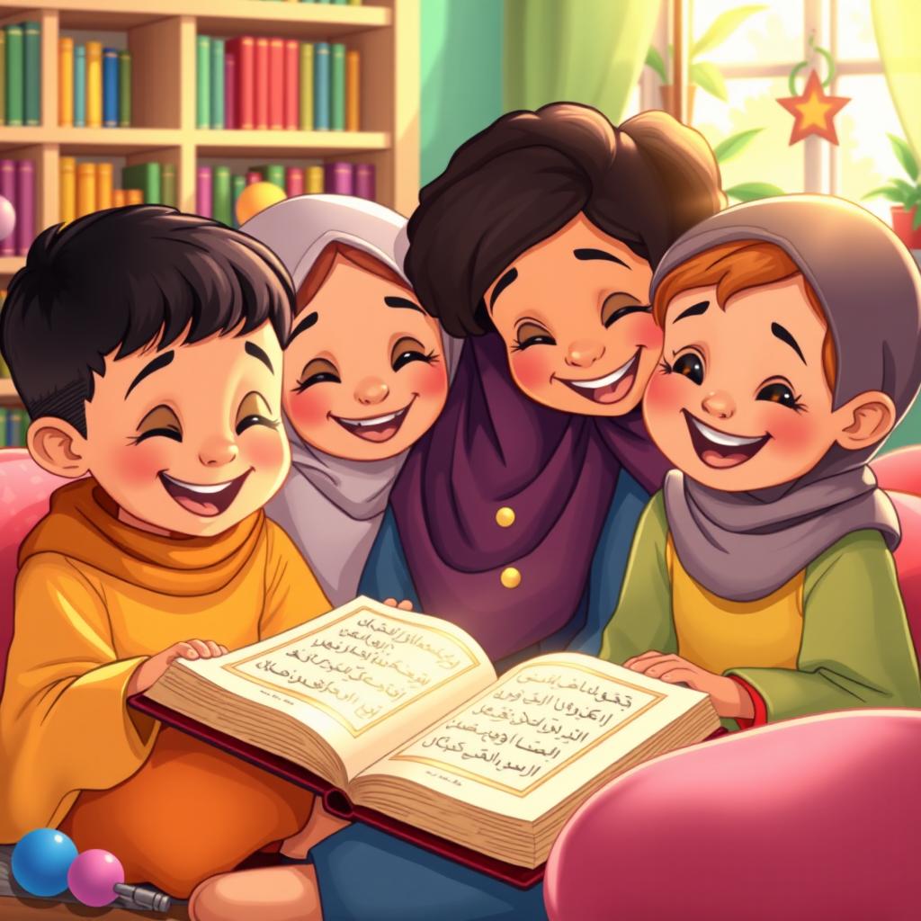 A vibrant and joyful illustration of happy children reading the Quran together