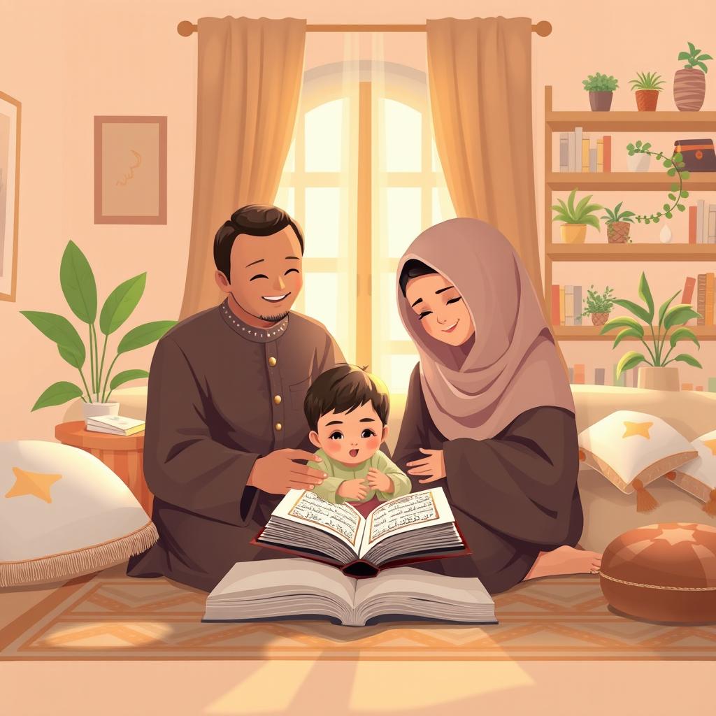 A heartwarming illustration of Muslim parents reading the Quran with their child